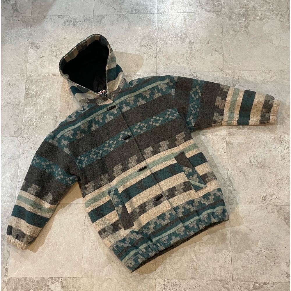 VIntage Coat 90s New York Girl hooded oversized teal cream gray southwest ranch